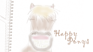 Zeichnung eines lachenden Ponys mit dem Schriftzug "Happy Ponys"