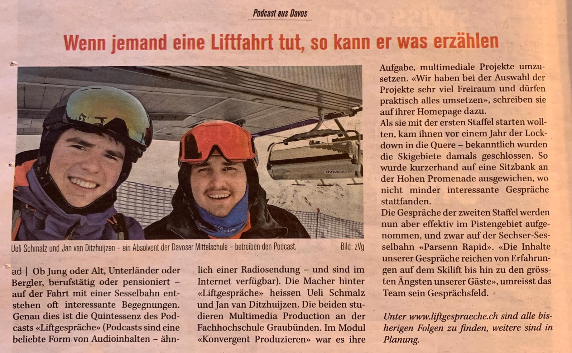 Artikel über «Liftgespräche» in der Davoserzeitung