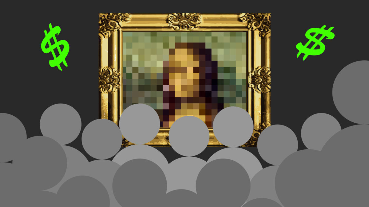 Illustration einer verpixelten Mona Lisa im goldenen Rahmen vor einem Publikum