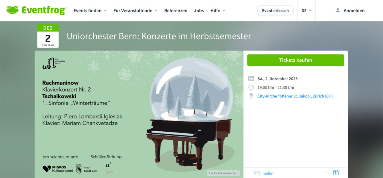 Screenshot der Ticketverkaufsplattform Eventfrog