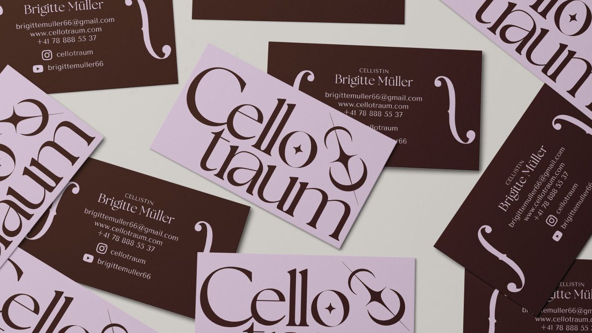 Visitenkarte einer Cellistin: Auf der Vorderseite steht das Logo von Cellotraum. Auf der Rückseite sind zwei F-Löcher zu sehen, die den Text einbetten.