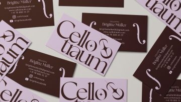 Visitenkarte einer Cellistin: Auf der Vorderseite steht das Logo von Cellotraum. Auf der Rückseite sind zwei F-Löcher zu sehen, die den Text einbetten.