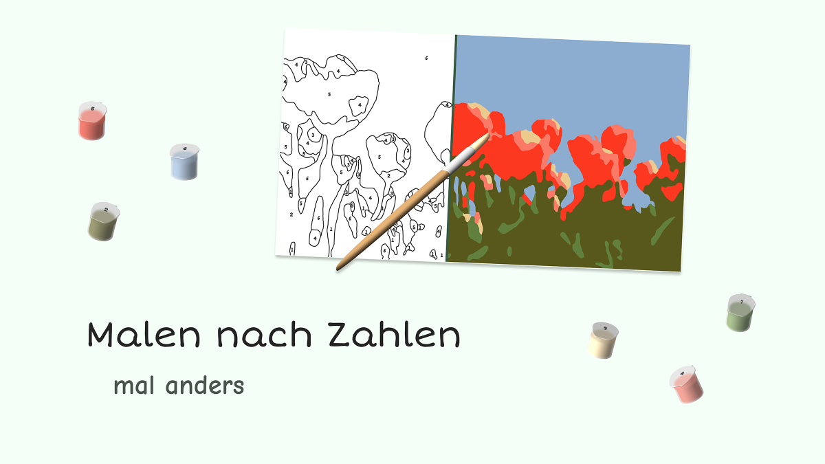 Ein digitales Malen nach Zahlen mit Leinwand, Pinsel und Farbtöpfen