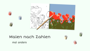 Ein digitales Malen nach Zahlen mit Leinwand, Pinsel und Farbtöpfen