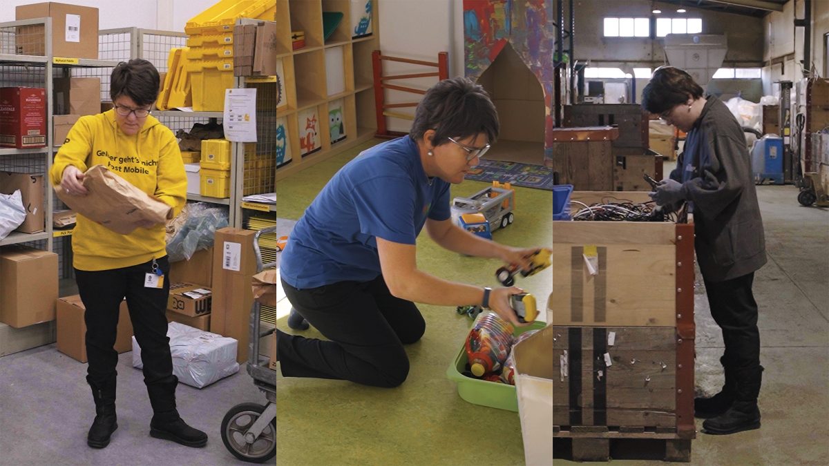 Bild in 3 Teile getrennt. Frau hält Postpaket. Frau sortiert Spielsachen. Frau sucht Kabel in Kiste.