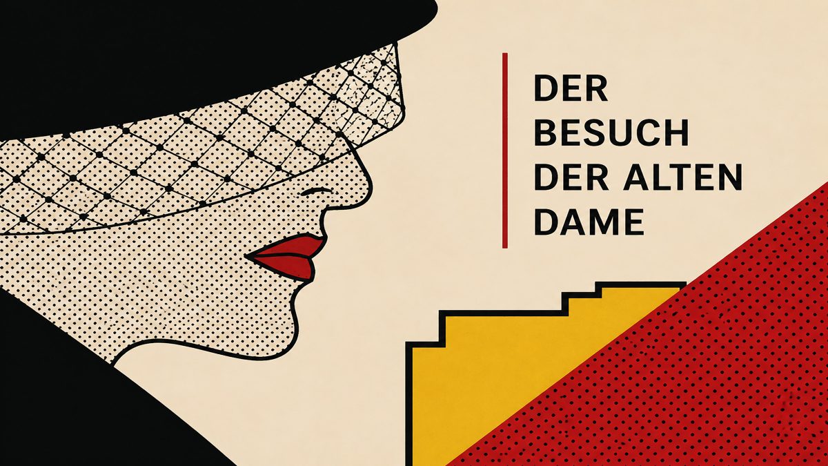 Bild der Alten Dame, Rote Lippen und mit Hut, Roy Lichtenstein-Design, und rechts der Schriftzug in schwarz.