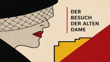 Bild der Alten Dame, Rote Lippen und mit Hut, Roy Lichtenstein-Design, und rechts der Schriftzug in schwarz.
