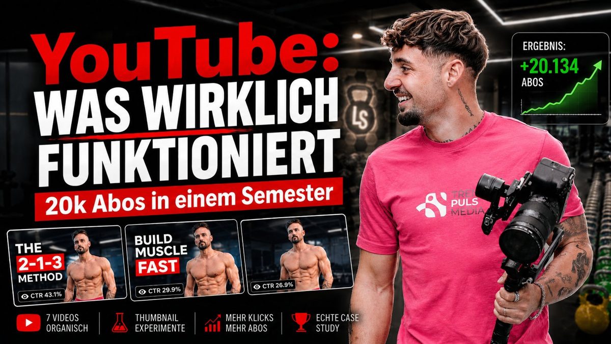 Filmemacher mit Kamera-Gimbal im Lebe-Stark-Studio, daneben Titel «YouTube: Was wirklich funktioniert – 20k Abos in einem Semester» und drei Thumbnail-Varianten mit CTR-Werten 43,1 %, 29,9 % und 26,9 %