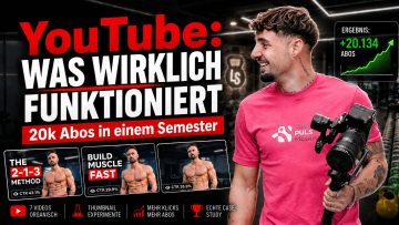 Filmemacher mit Kamera-Gimbal im Lebe-Stark-Studio, daneben Titel «YouTube: Was wirklich funktioniert – 20k Abos in einem Semester» und drei Thumbnail-Varianten mit CTR-Werten 43,1 %, 29,9 % und 26,9 %