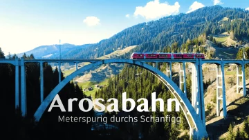 Ein roter Zug der Rhätischen Bahn AG fährt bei Sonnenschein vor Bergen über ein eindrucksvolles Viadukt